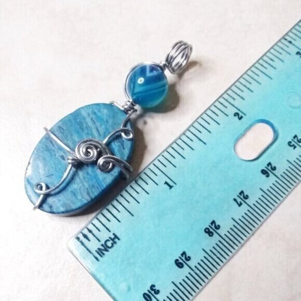 Blue Crazy Lace Agate & Banded Blue Agate ~ Wire Wrapped! Stacked Stone Pendant - Picture 13 of 14